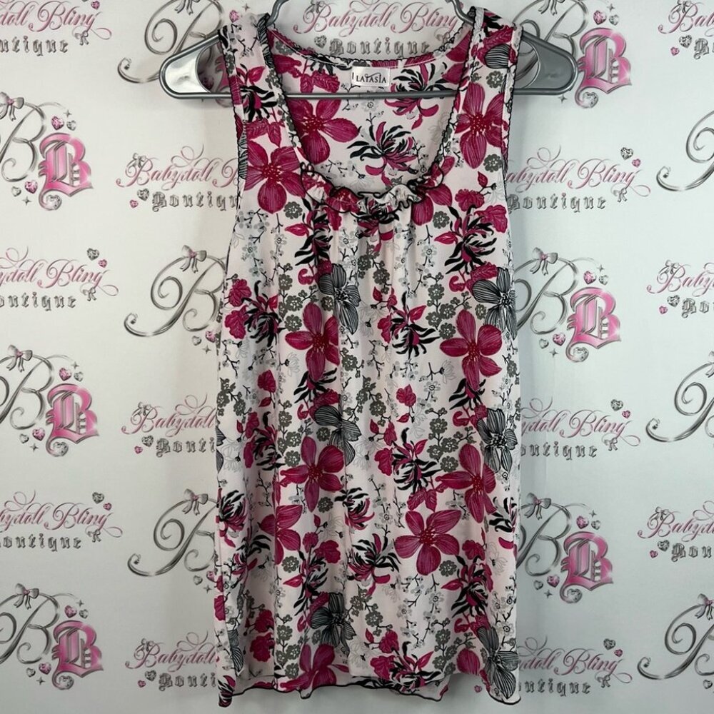 Laiasia tank top ruffle detail Floral Sleeveless Top in Pink black white Gray